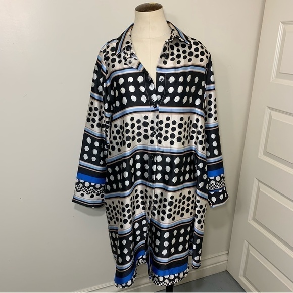 UCHUU italian lagen look neutral flowy dots button down satiny tunic blouse M/L - Picture 5 of 12